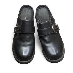 Black leather buckle clogs
